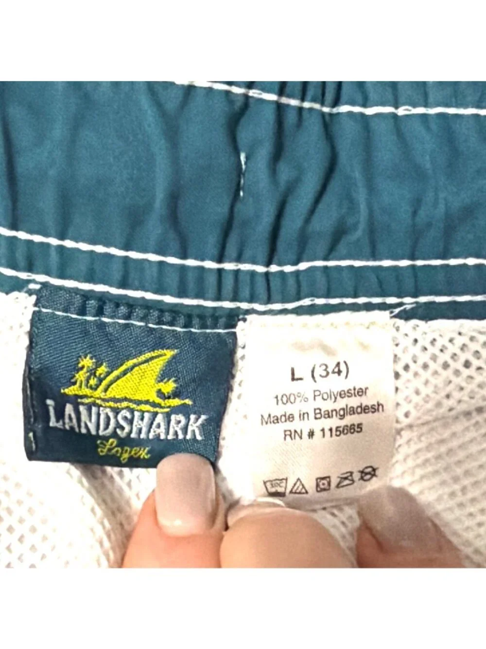 Landshark Lager Mens Swim Trunks Board Shorts L Teal & White Drawstring Waist‎